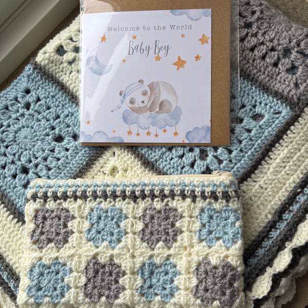 Cot blanket, pouch and card (gift set for baby boy)