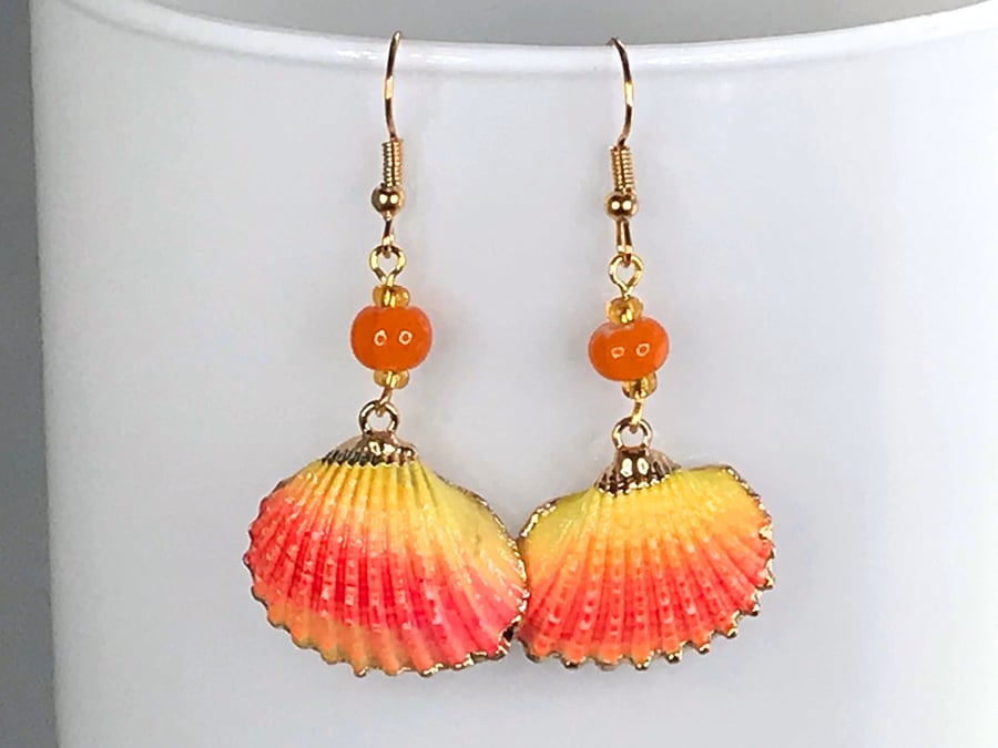 OMBRE SHELL EARRINGS orange yellow summer Preciosa Czech glass drop dangle