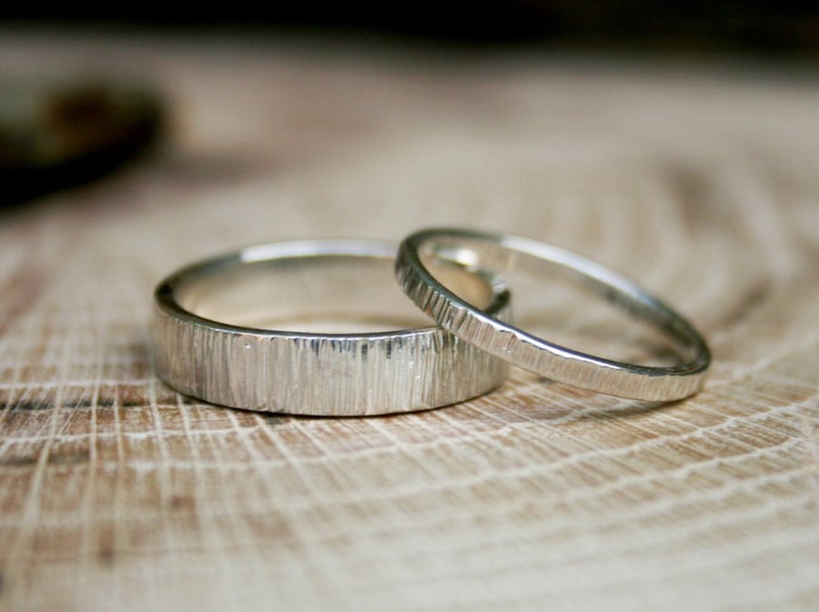 Handmade Silver Tree Bark Wedding Rings