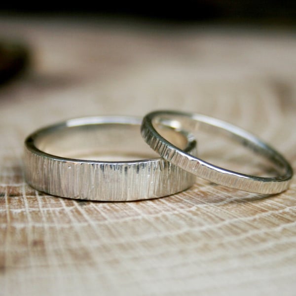 Handmade Silver Tree Bark Wedding Rings