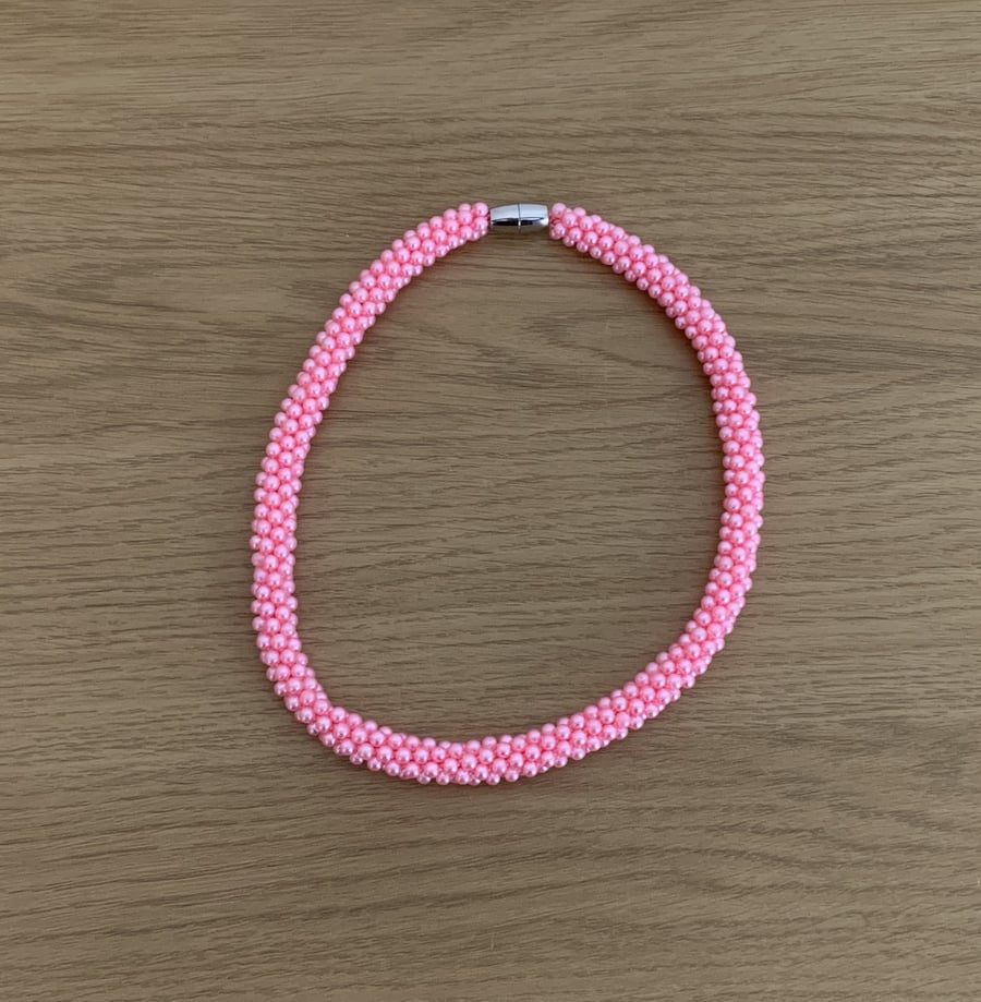 Handmade Woven Pink Pearl Choker Necklace