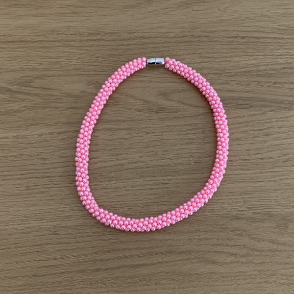 Handmade Woven Pink Pearl Choker Necklace