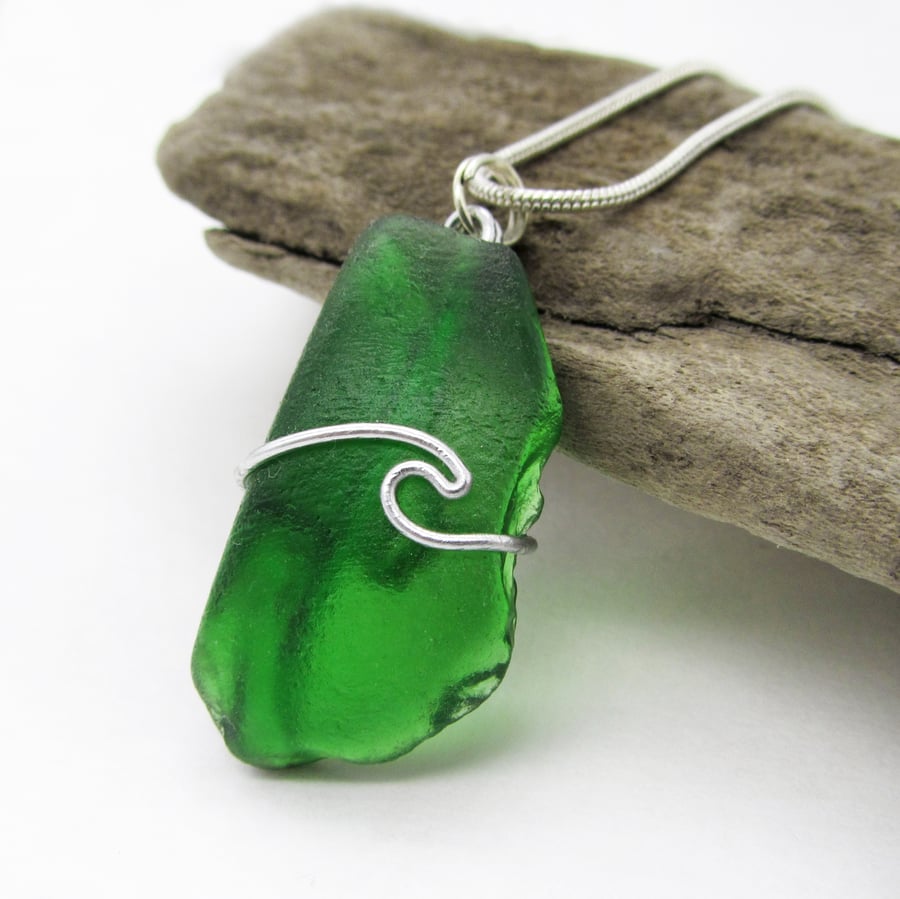 Green Scottish Sea Glass Pendant Necklace - Silver Wire Wave Seaglass Jewellery