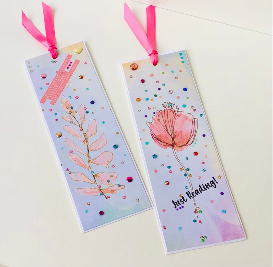 Bookmarks Set of Two, Printed Handfinished, Floral Collage Design 