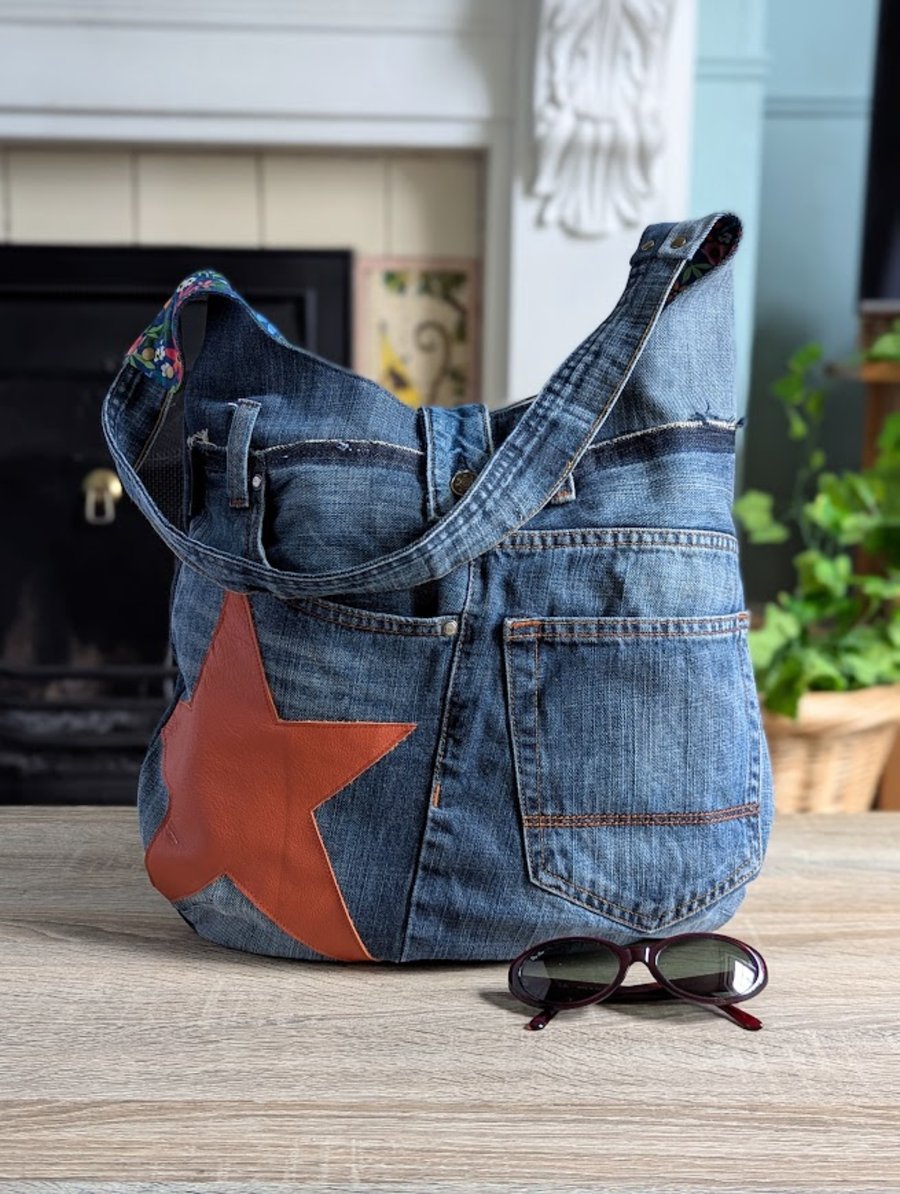 Large Recycled Denim Shoulder Tote Bag with Tan Leather Star Motif