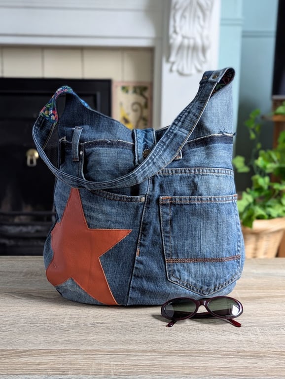 Large Recycled Denim Shoulder Tote Bag with Tan Leather Star Motif
