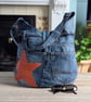 Large Recycled Denim Shoulder Tote Bag with Tan Leather Star Motif