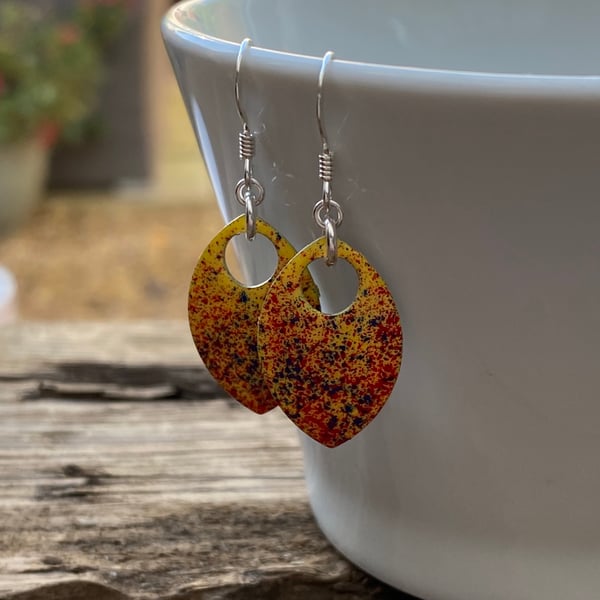 Yellow red and blue enamel scale earrings. Sterling silver. 