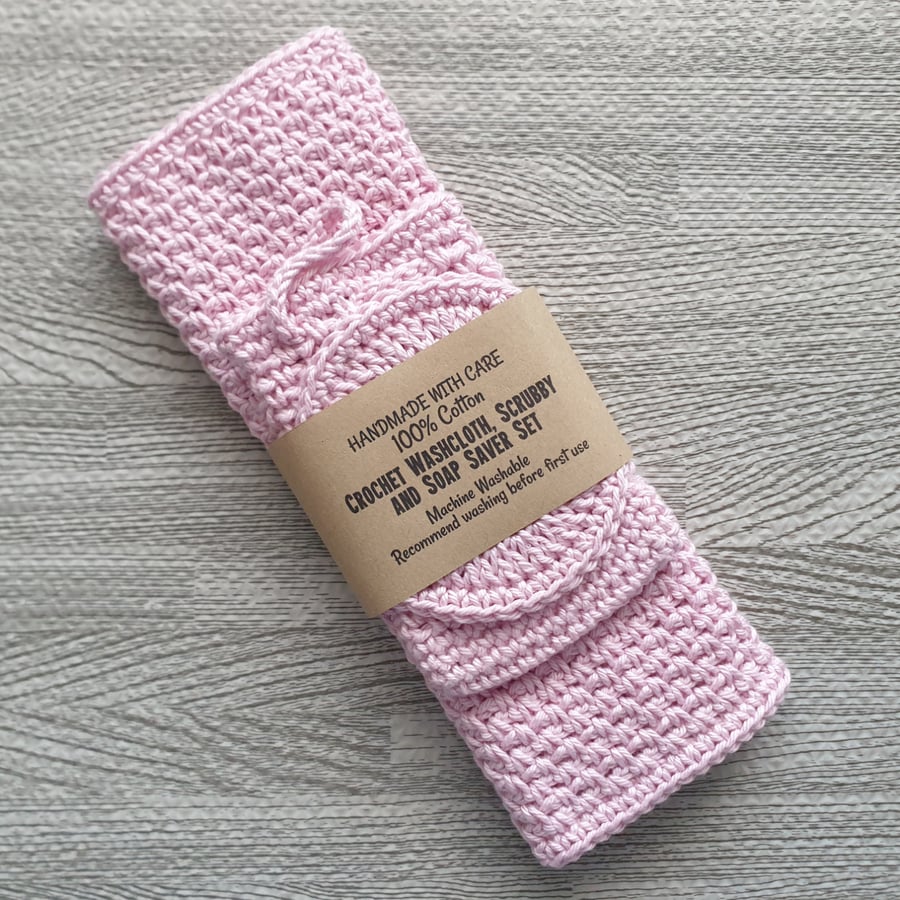 Wash Cloth, Scrubbie & Soap Saver Set, Pink Crocheted 100% Cotton Handmade