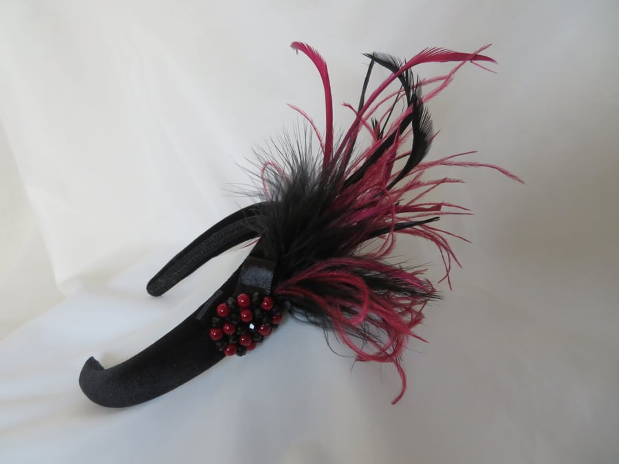 Burgundy & Black Ostrich Feather Beaded Velvet Headband 