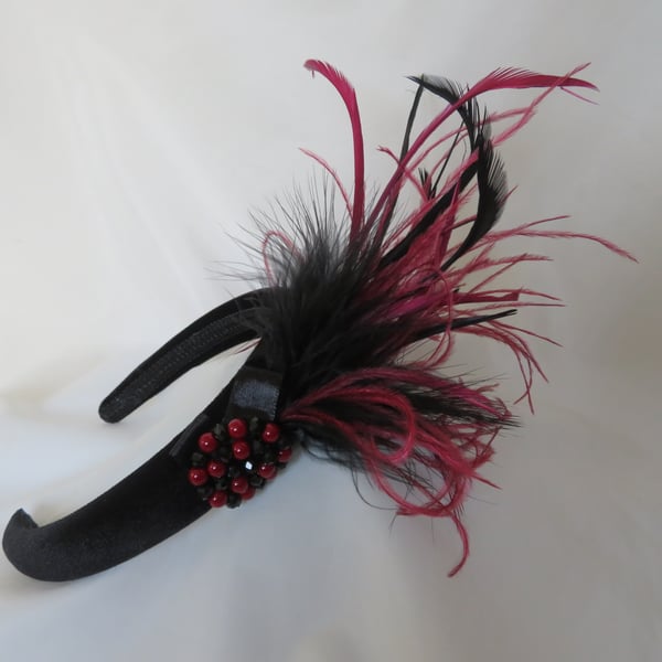 Burgundy & Black Ostrich Feather Beaded Velvet Headband 