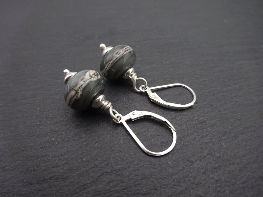 lampwork glass grey lever back earrings, sterling silver jewellery