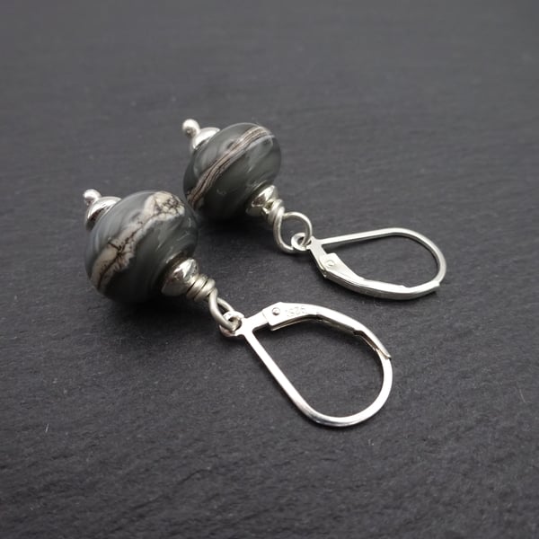 lampwork glass grey lever back earrings, sterling silver jewellery