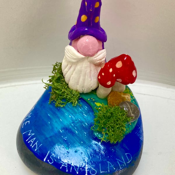 'Gnome Man Is An Island' Clay Handmade Gnome Ornament  'Gnome On A Stone'
