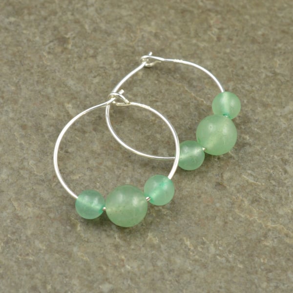 Boho Green Aventurine Gemstone & 20mm Sterling Silver Hoop Earrings