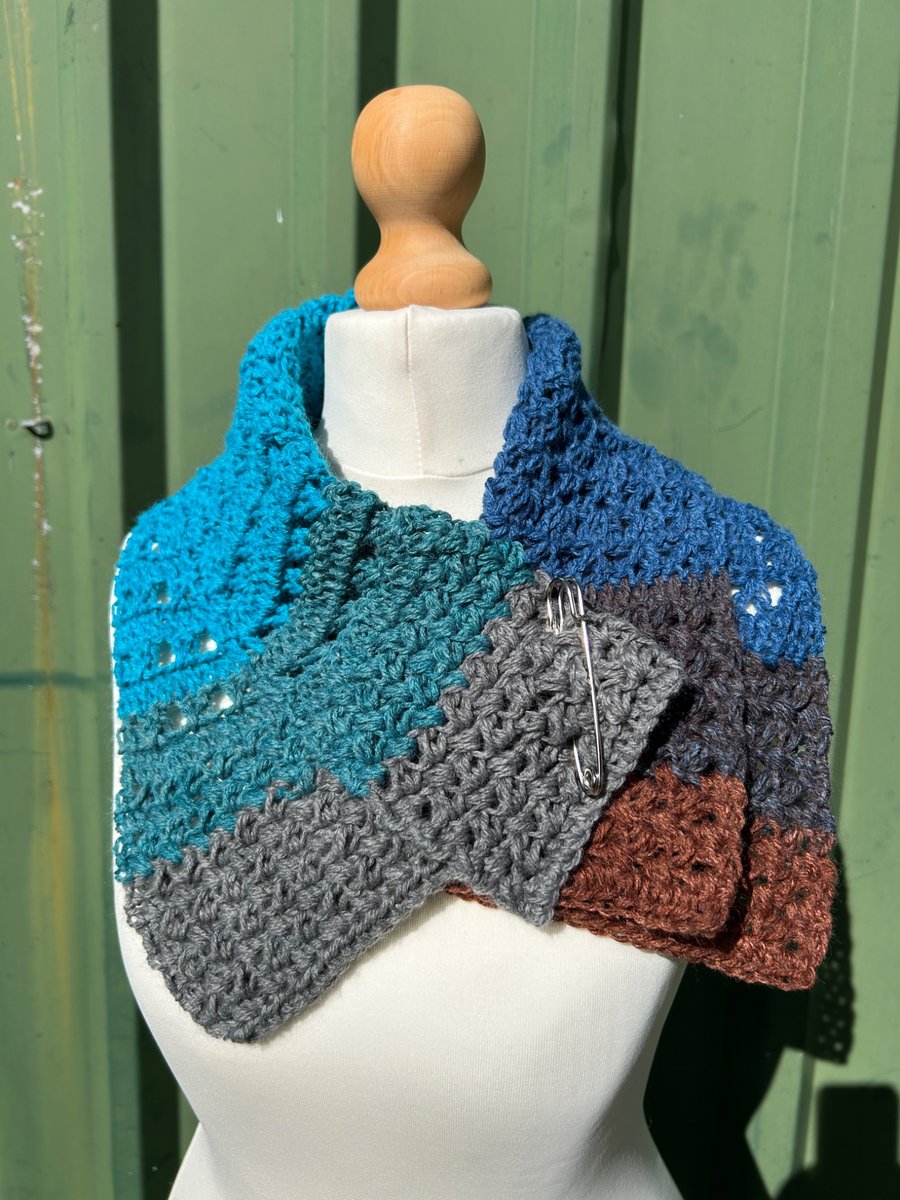 Blue grey and brown texture and lace handmade crochet neck warmer collar