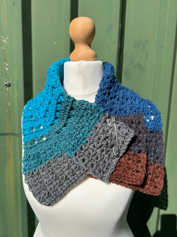 Blue grey and brown texture and lace handmade crochet neck warmer collar