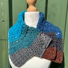 Blue grey and brown texture and lace handmade crochet neck warmer collar