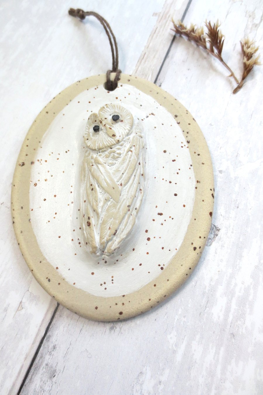 Hand-built stoneware snowy owl wall plaque ornament in white