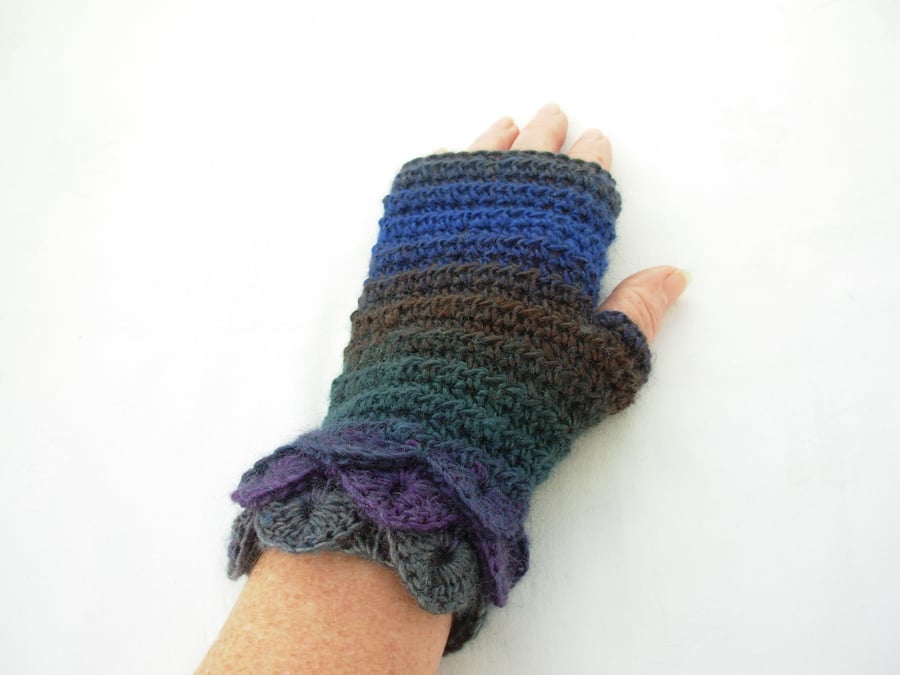 Crochet Fingerless Mitts Adults Blue Grey