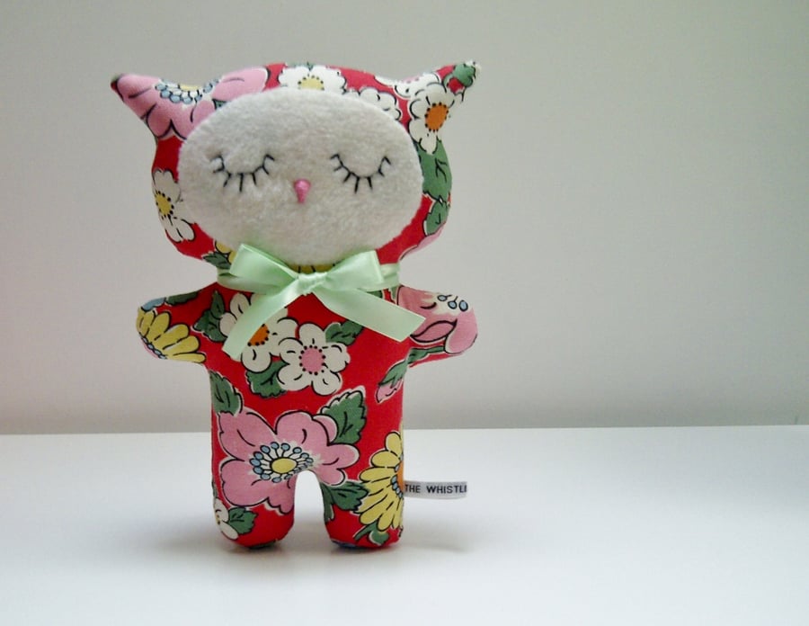 Cat Soft Toy in Red Retro Floral Cotton Fabric, Red Flowery Plush Kitten