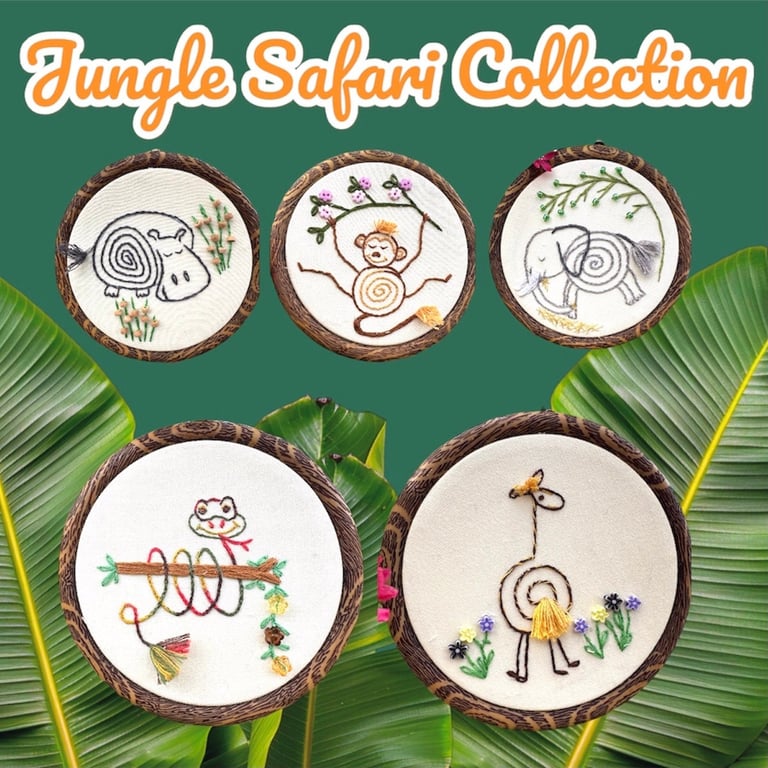 5 Jungle Safari animal themed embroidered wall art for children's rooms, gifts