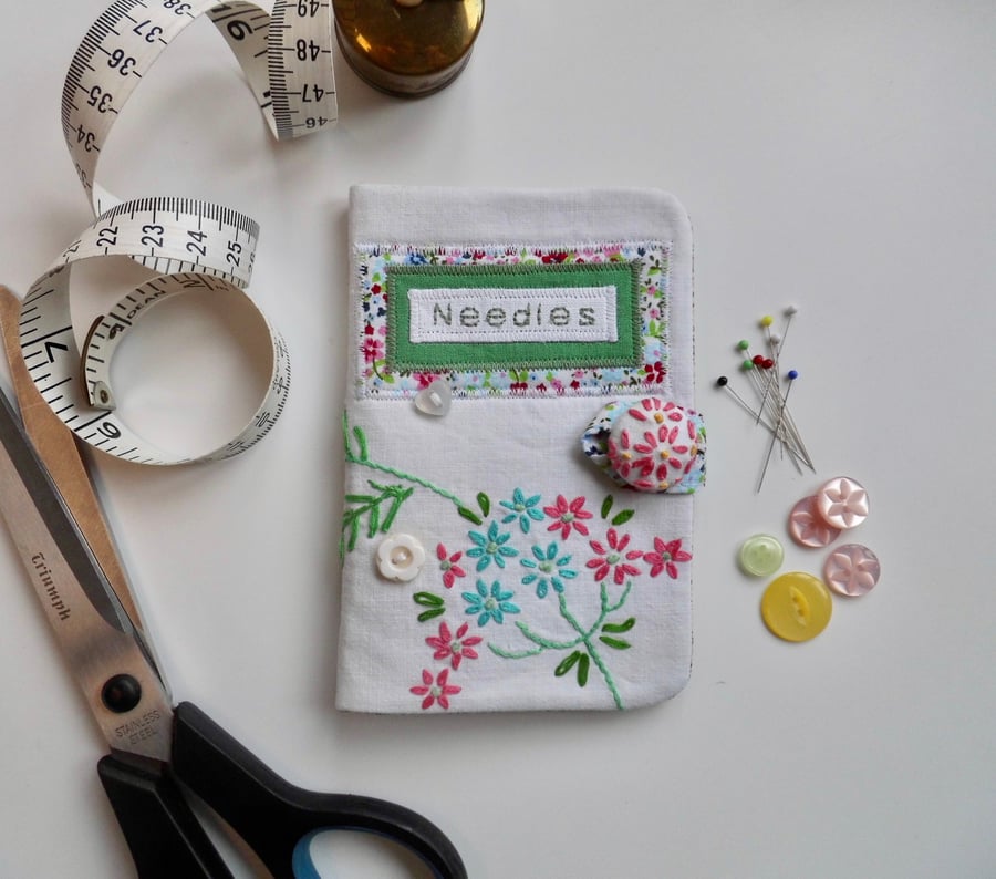Sewing needle case pink embroidery and Laura Ashley lining reclaimed embroidery