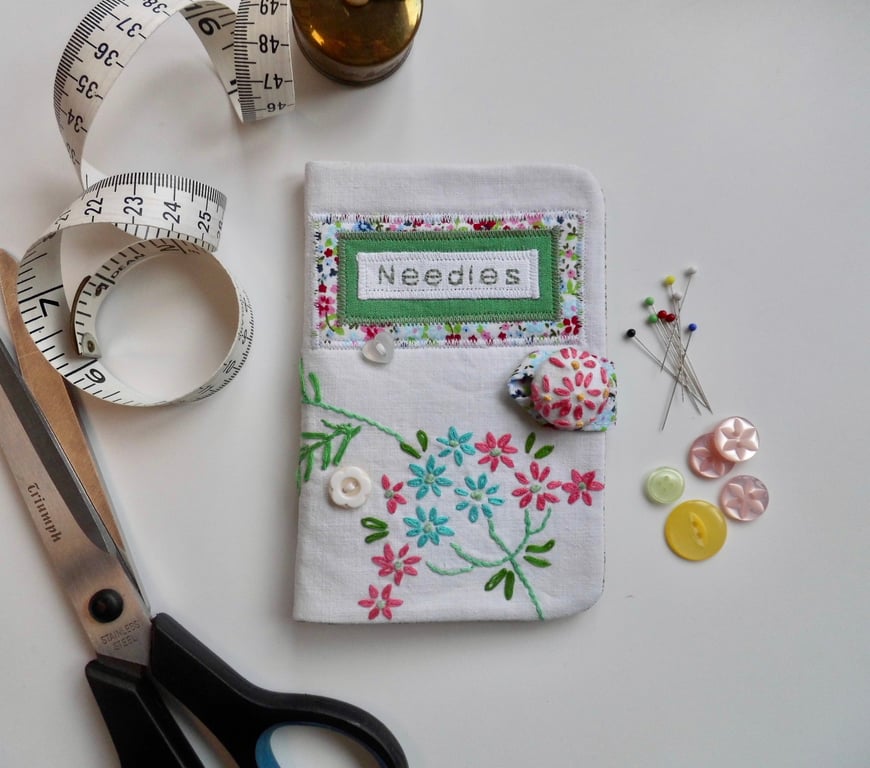 Sewing needle case pink embroidery and Laura Ashley lining reclaimed embroidery