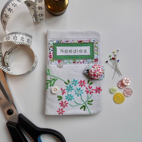 Sewing needle case pink embroidery and Laura Ashley lining reclaimed embroidery