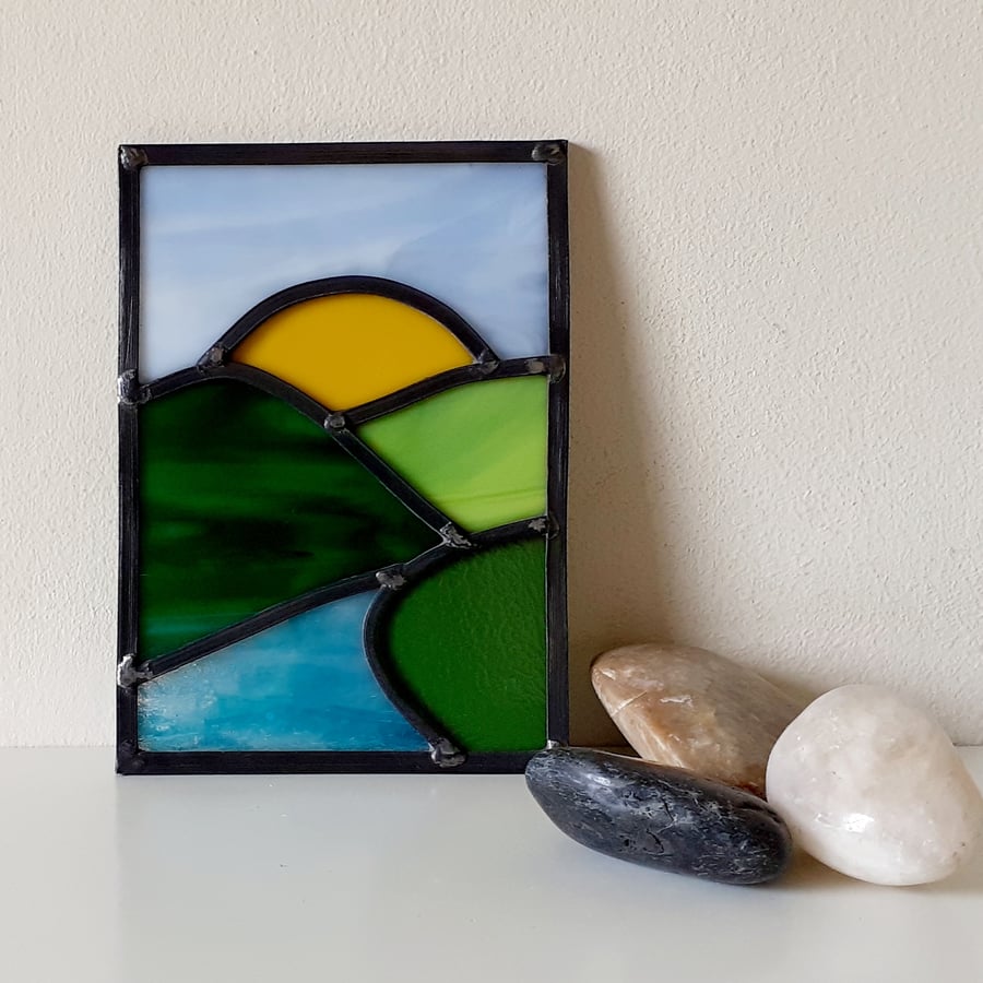 Leaded stained glass river landscape panel