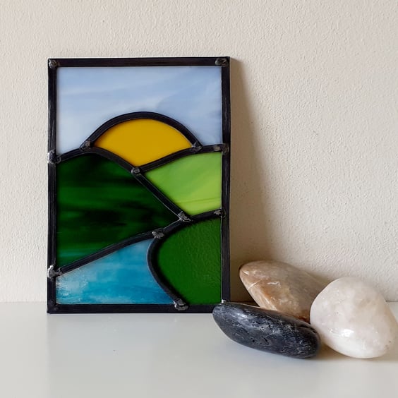 Leaded stained glass river landscape panel
