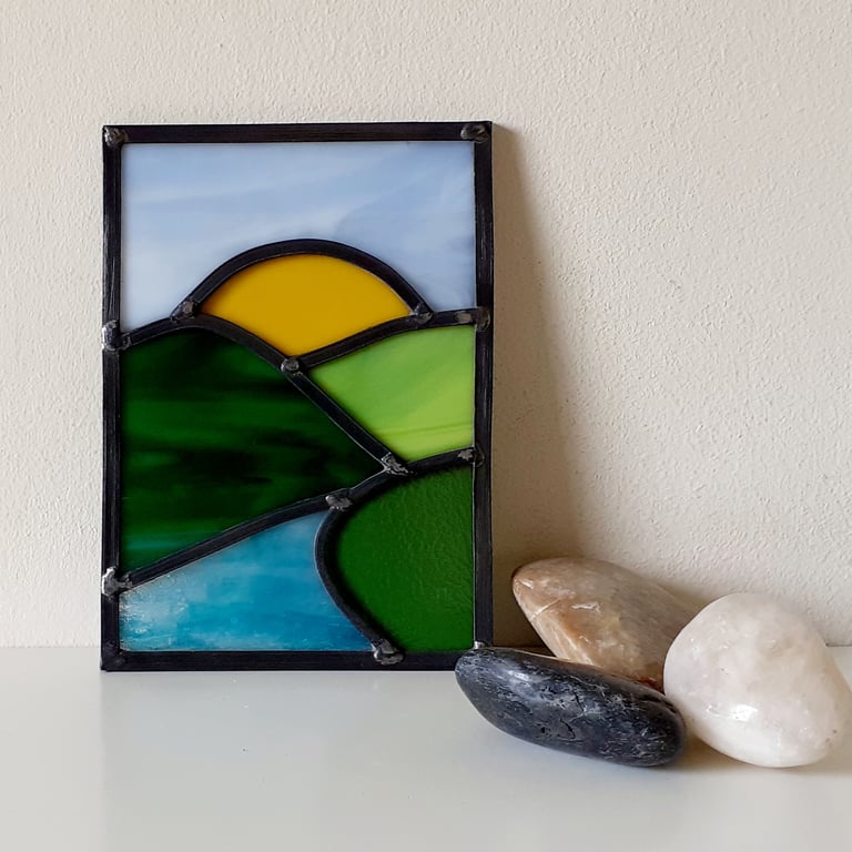 Leaded stained glass river landscape panel