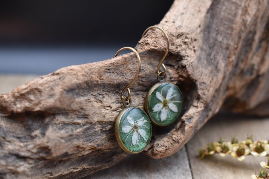 Hypoallergenic Real Pressed Flower Resin Earrings, Titanium Ear Hooks, Green