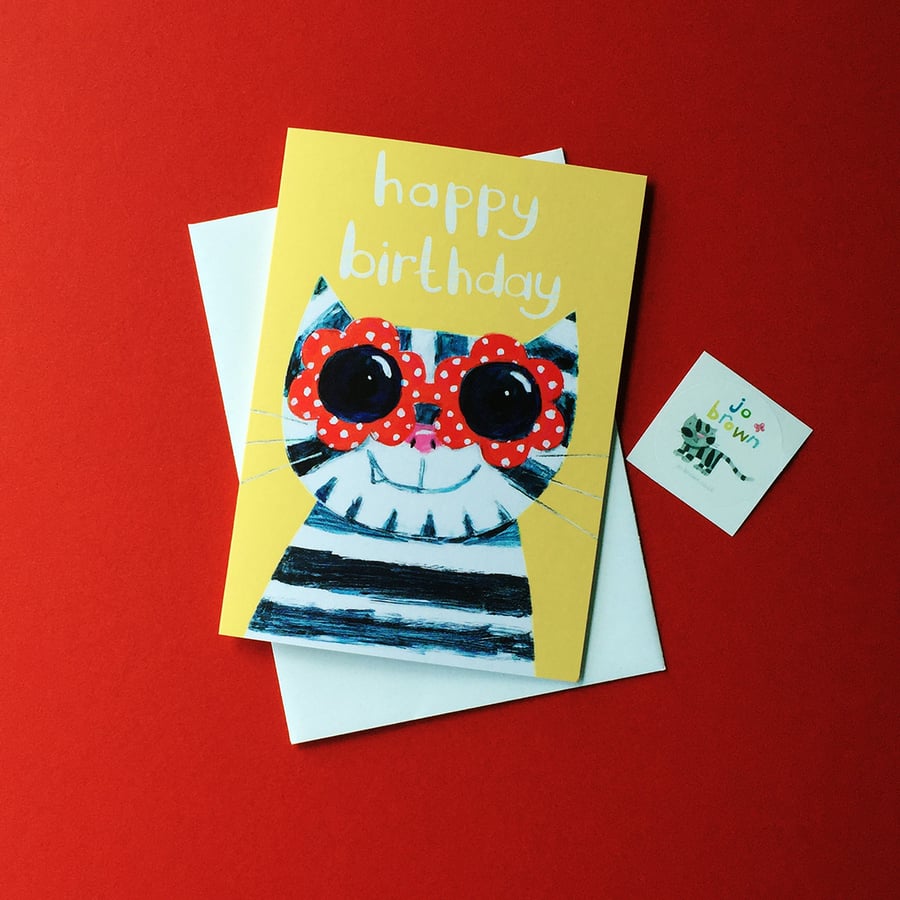 Happy Birthday Sunglasses Cat card - Yellow!- by Jo Brown