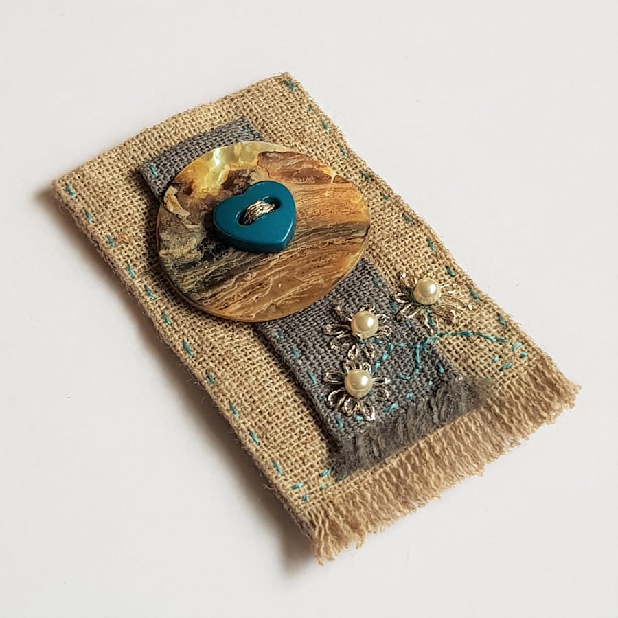 Fabric Brooch with a Blue Heart Button