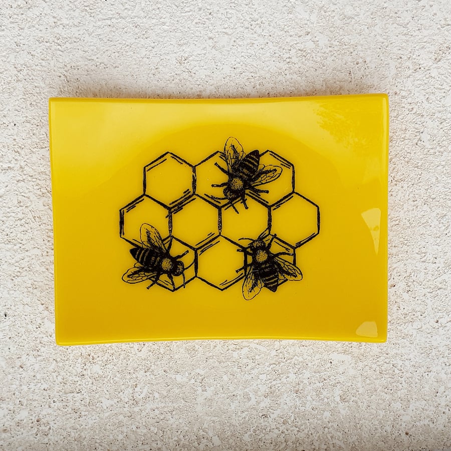 Fused glass trinket dish, bees with honeycomb design, No 2