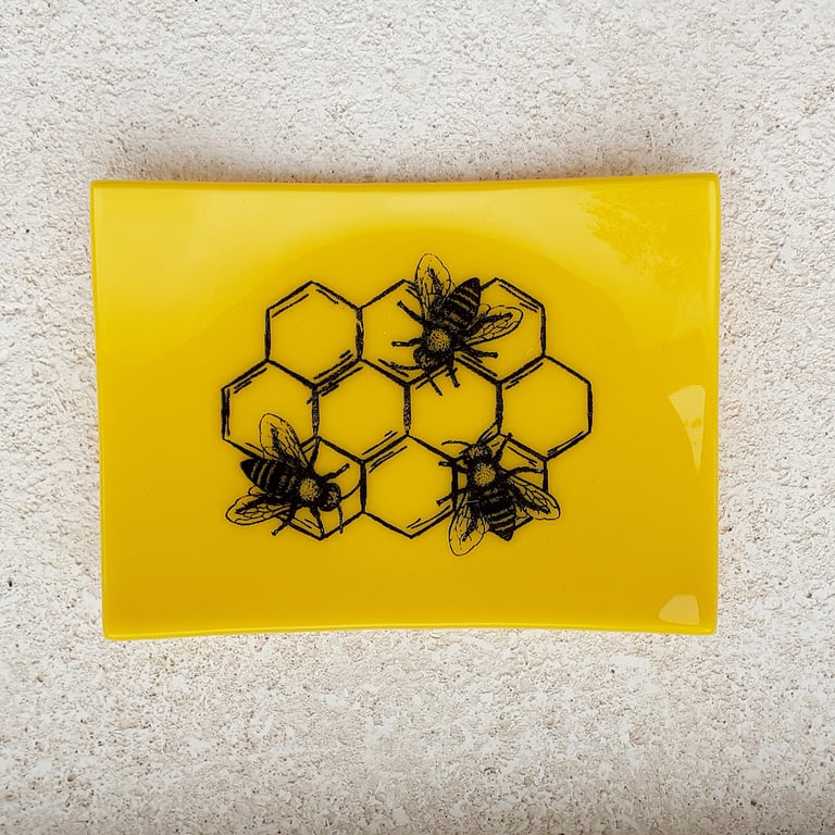 Fused glass trinket dish, bees with honeycomb design, No 2