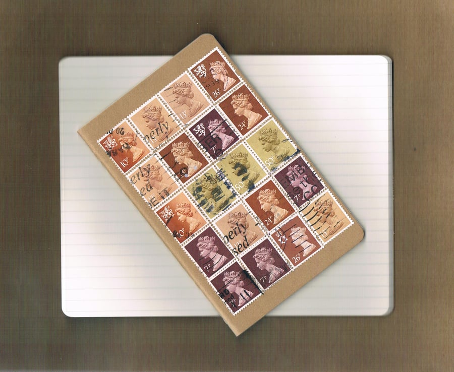 FIRST CLASS NOTEBOOK Autumnal Machin stamps, custom Moleskine cahier, mail art