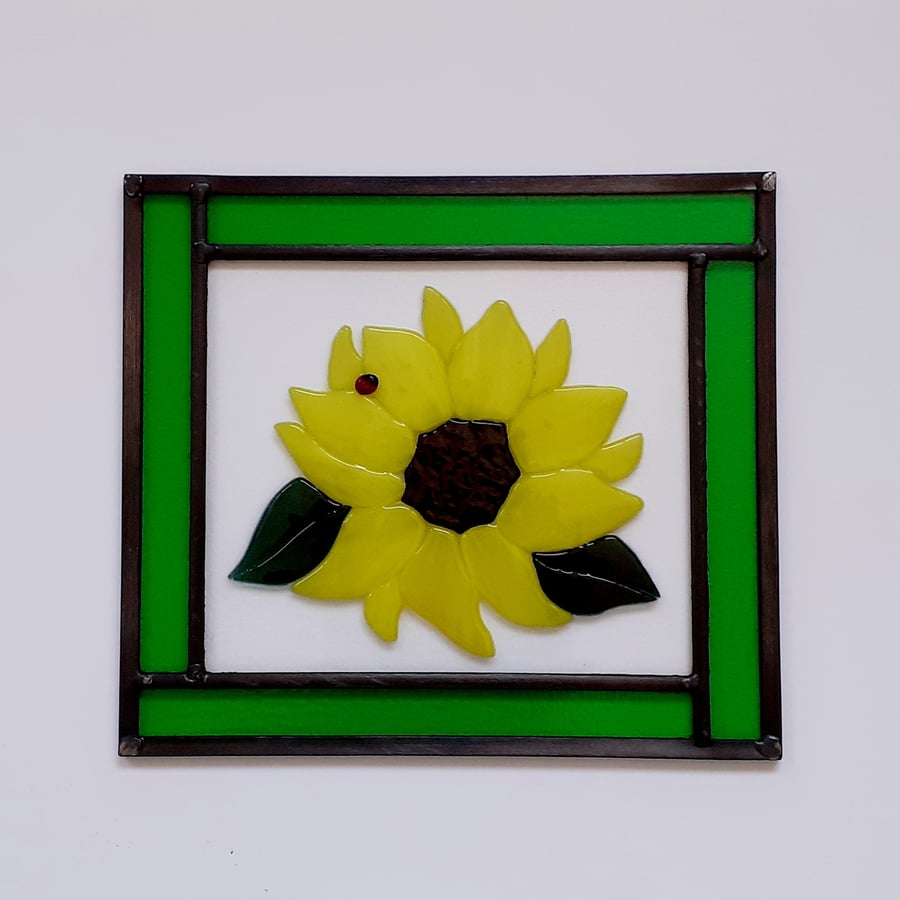 Leaded stained glass panel fused glass sunflower design
