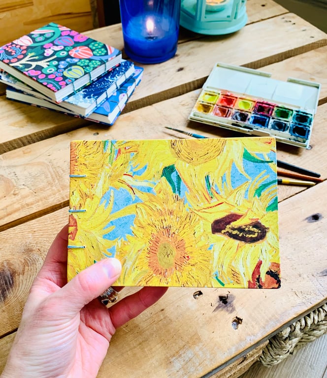 Hand Bound A6 Watercolour Sketchbook with Coptic Stitch Exposed Spine.Sunflowers