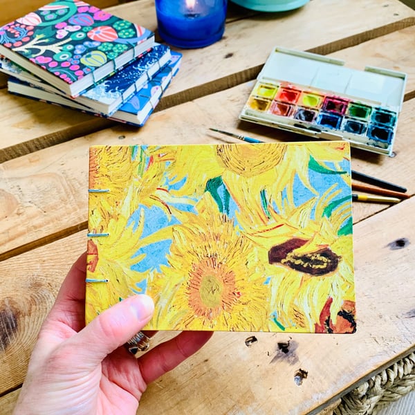 Hand Bound A6 Watercolour Sketchbook with Coptic Stitch Exposed Spine.Sunflowers