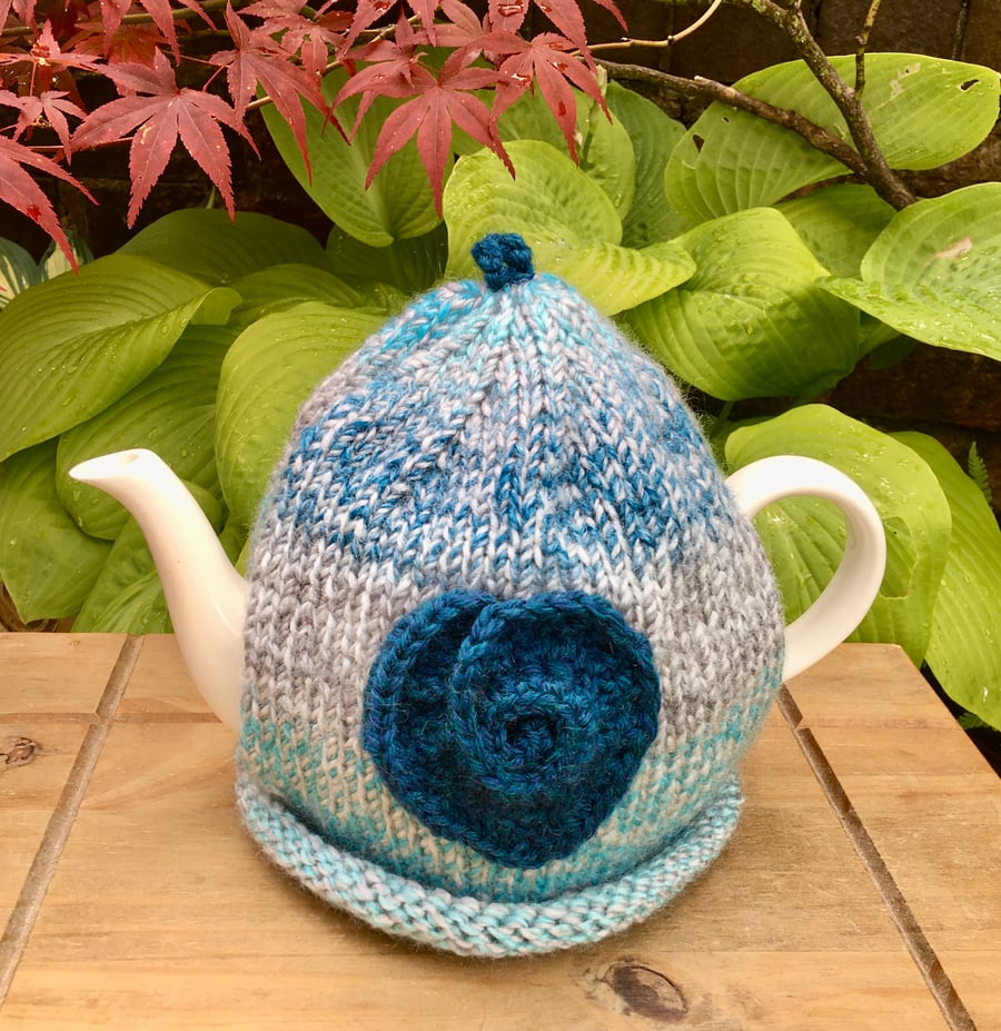 Teal Crochet Heart Tea Cosy