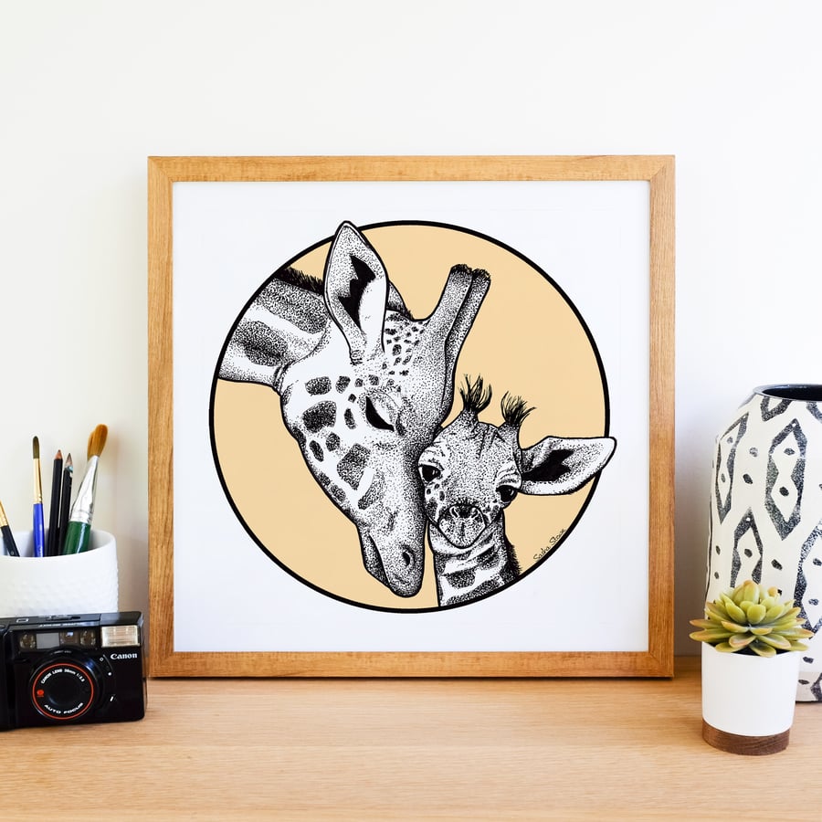 Mother and Baby Giraffe Illustration Art Giclee Print