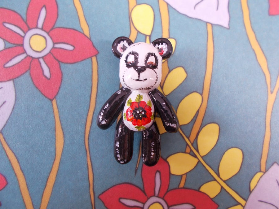 Cute PANDA BROOCH Poppy Panda Brooch Cute Wedding Corsage Poppy Pin HAND PAINTED