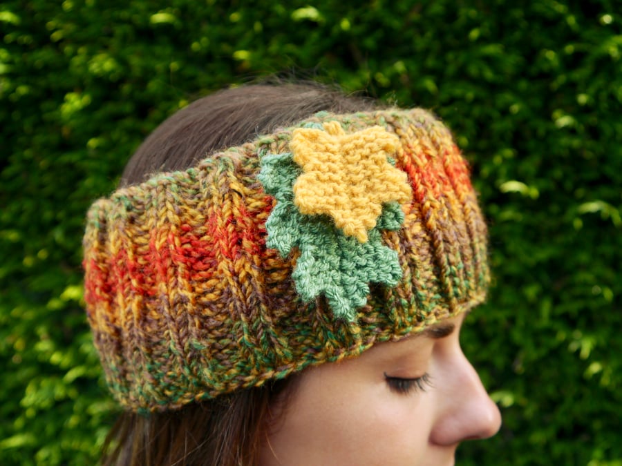 Hand Knitted Headband with Oak Leaves, Autumn Ear Warmers