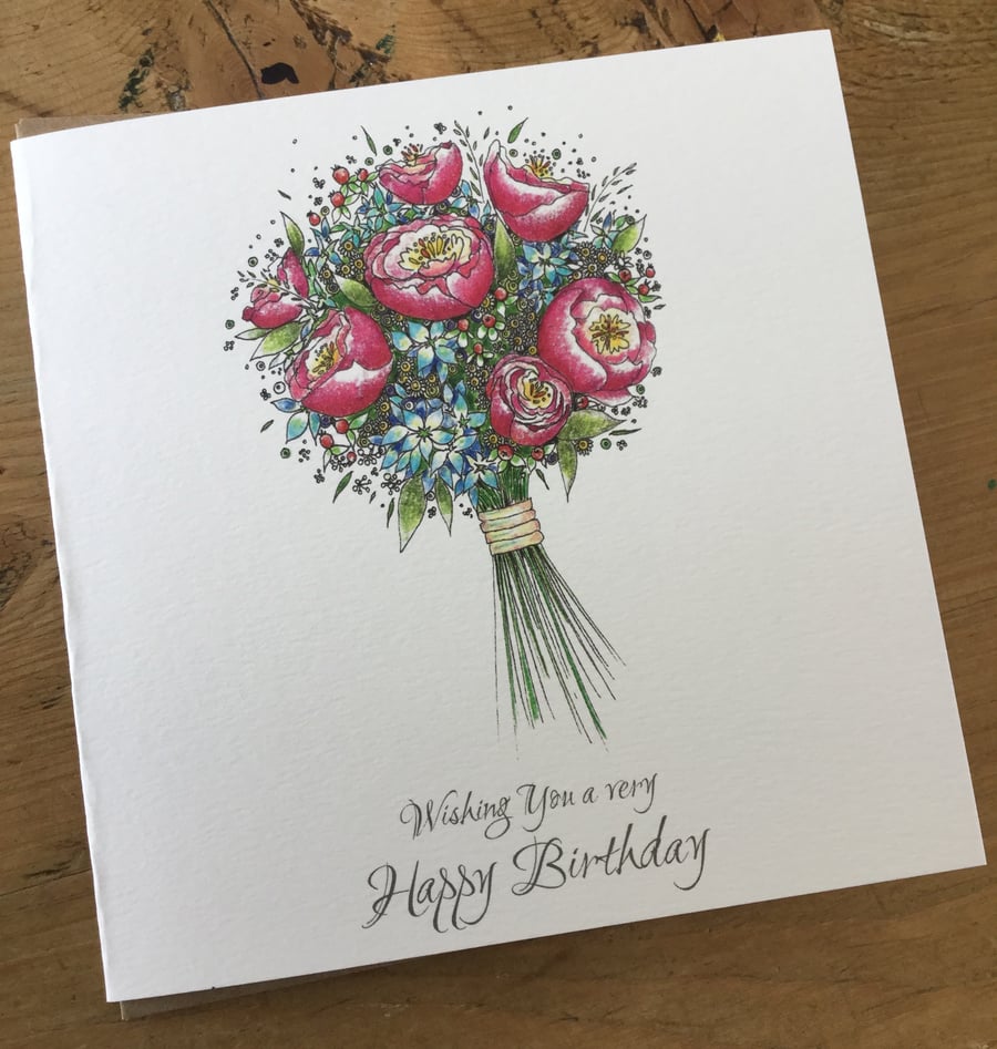 Happy Birthday Peony and Hydrangea Greeting Card 