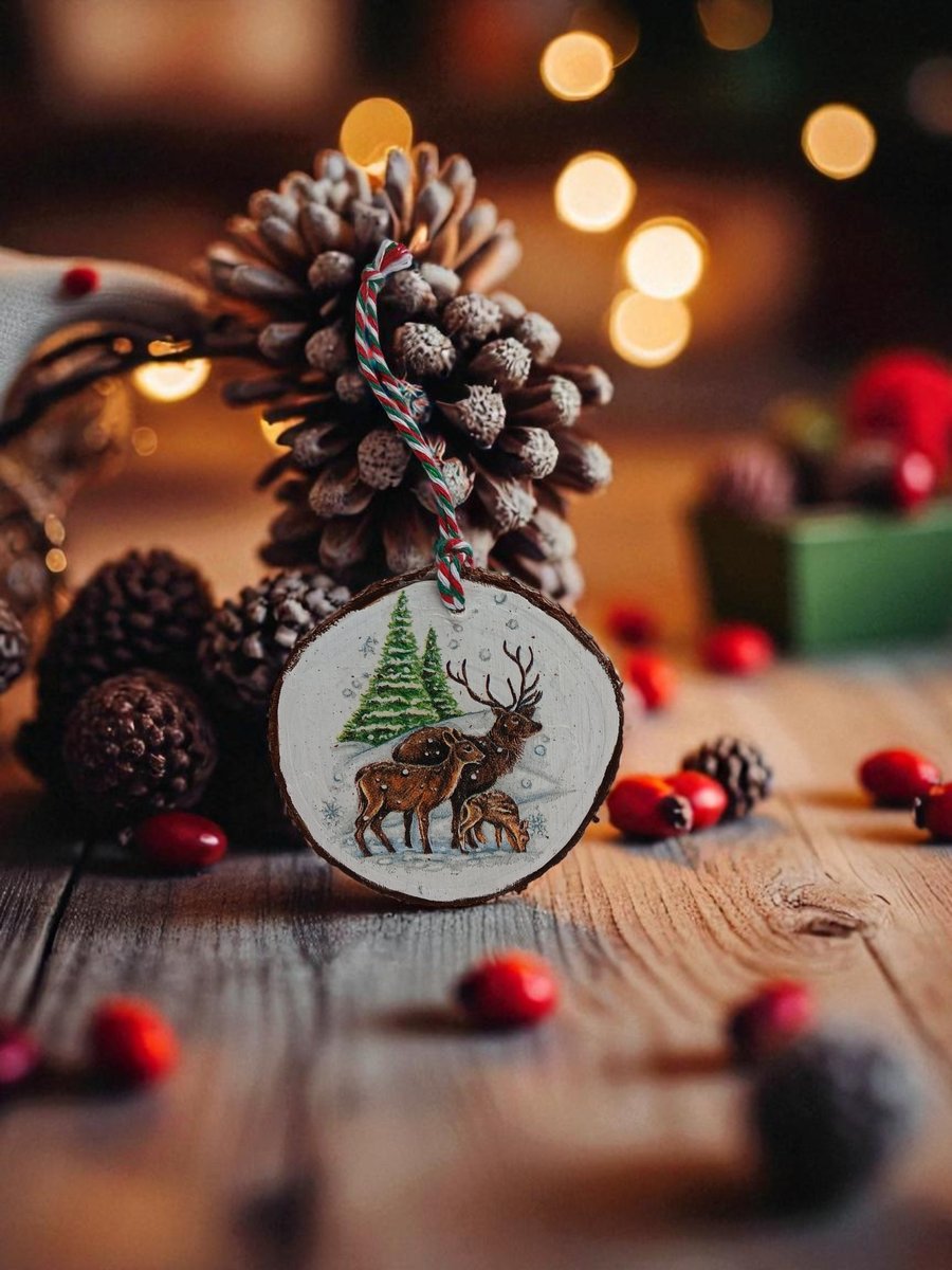 Rustic Red Deer Highland Stag Round Wooden Christmas Decoration Tree Ornament