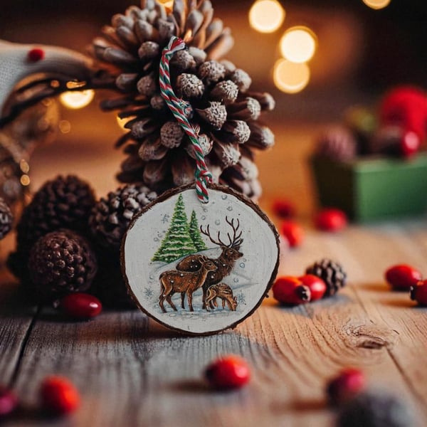 Rustic Red Deer Highland Stag Round Wooden Christmas Decoration Tree Ornament