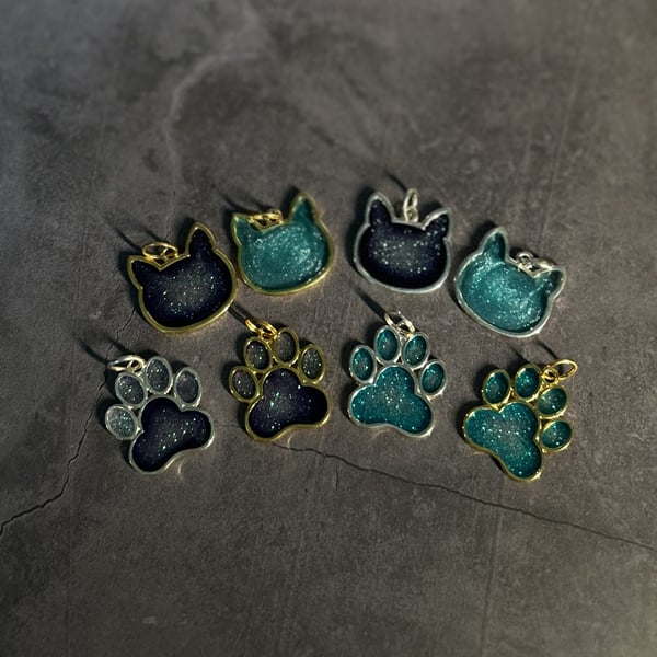  Resin Cat & Paw Charms – Matching Pet Tags or Pendants – Gold & Silver 