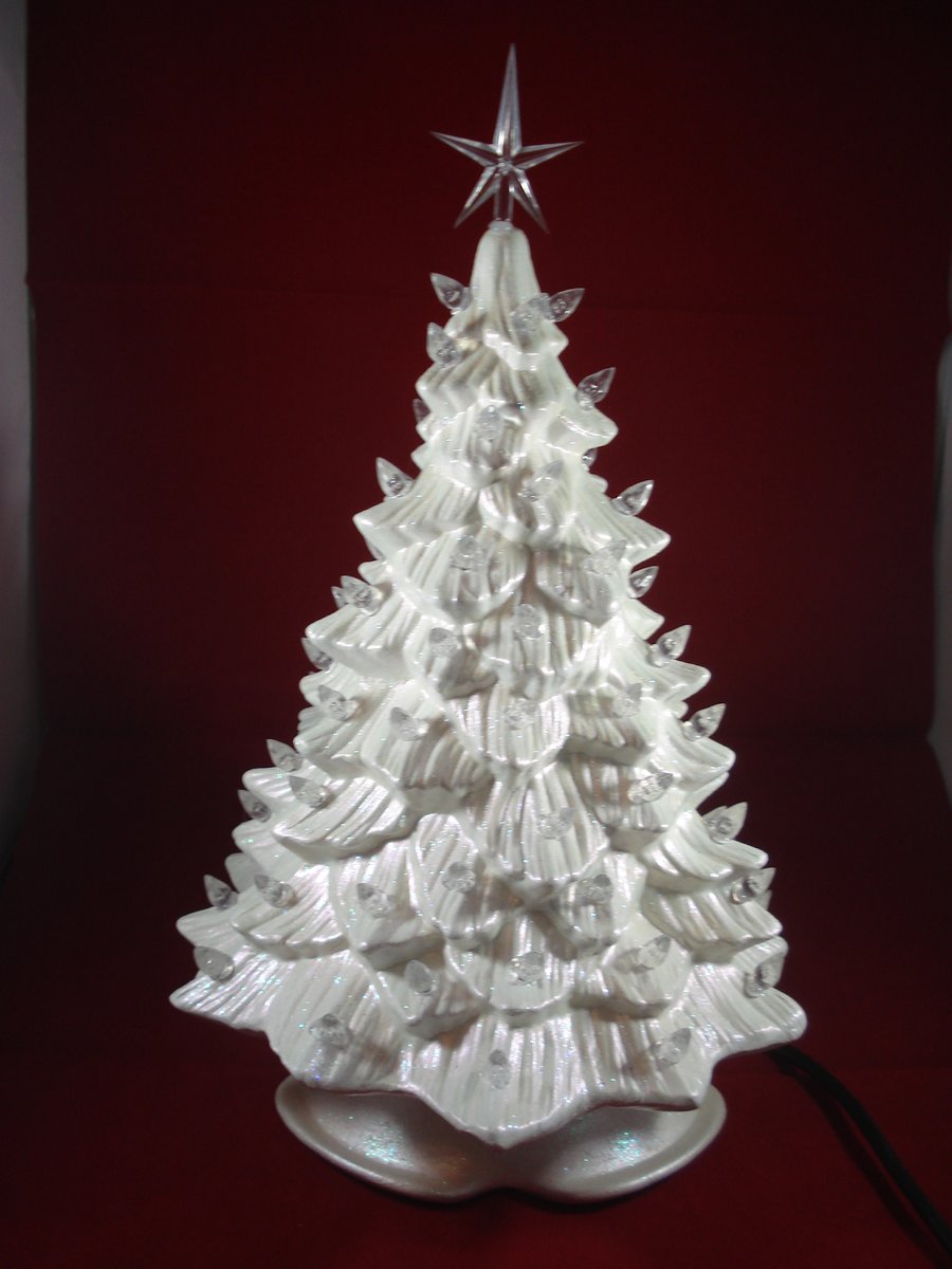 White Glittery Ceramic Xmas Christmas Tree Table Lamp Light Ornament Decoration.